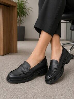 MIA Women's Size 8.5: Black Leather Penny Loafers — Sleek Office & Casual